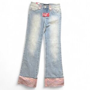 Vintage Y2K Clash Jeans Pink Floral Lace Cuff‎ Jeans, Girls Size 14